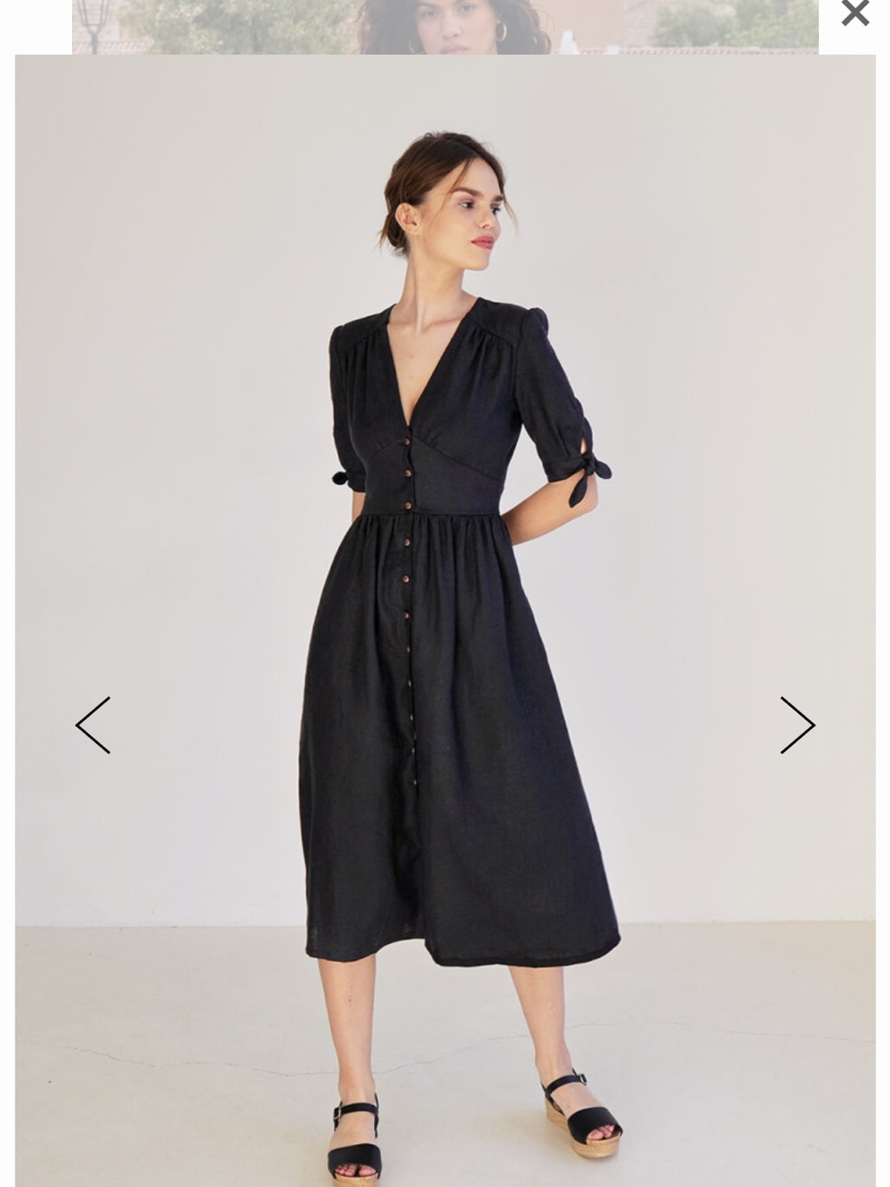 Navy 100% Linen Button-Front Navy Midi Dress with Puff Sleeves